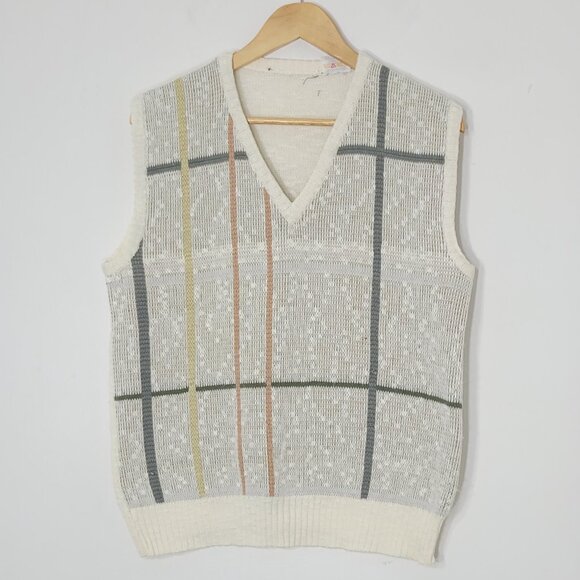 Vintage Knitted Ivory Yellow Striped Green Cotton Blend V-Neck Sleeveless Vest - Picture 3 of 10